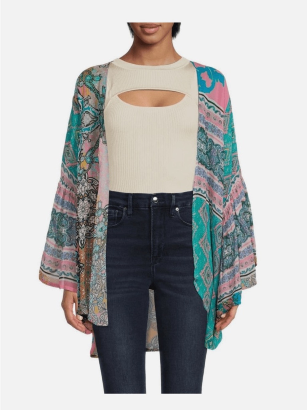 SAACHI Floral Print Bell Sleeve Ruana Kimono